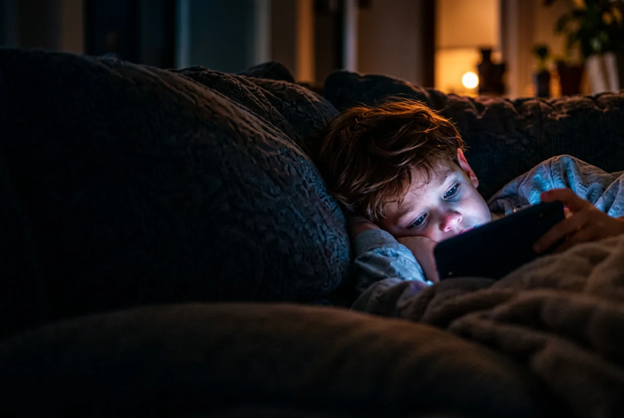 Criança absorvida pela tela do celular no sofá