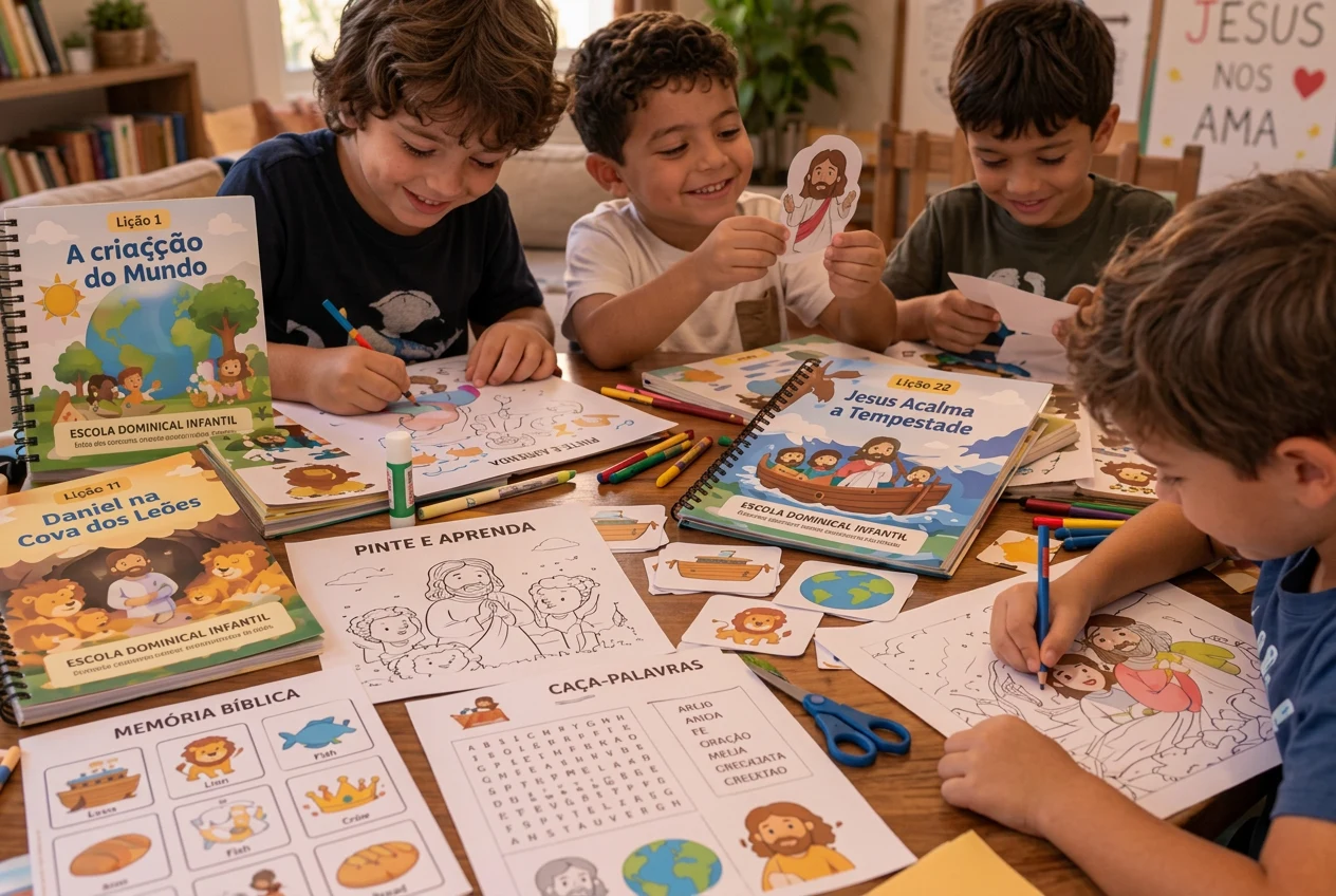 Meninos fazendo atividades bíblicas e sorrindo