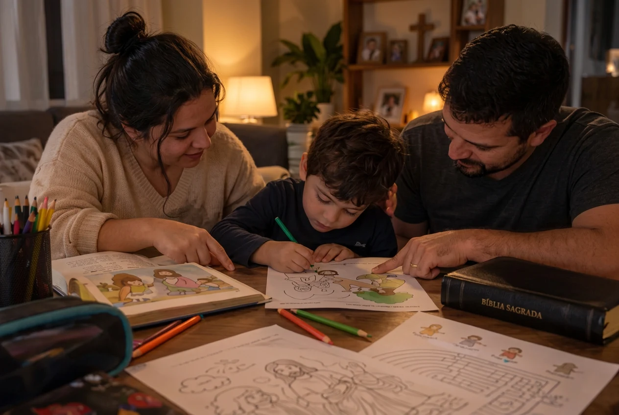 Pais e filho colorindo juntos uma atividade bíblica